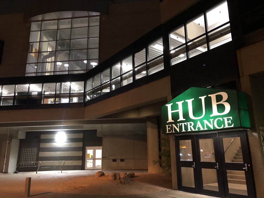 The south entrance of a university mall building
