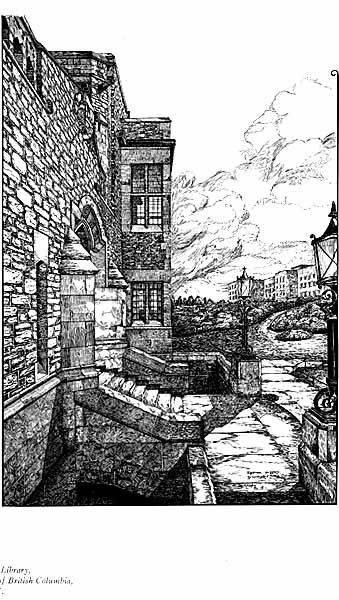 An architectural drawing of a university library entrance