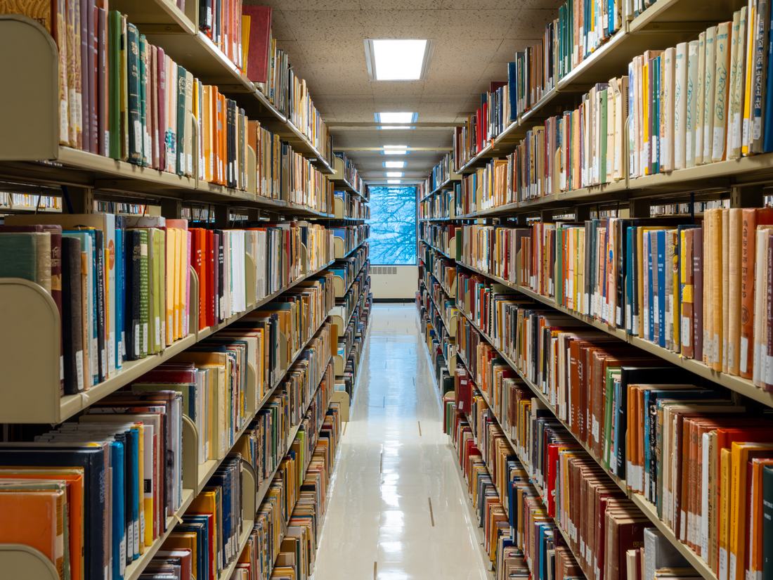 Rows of bookshelves in a university library